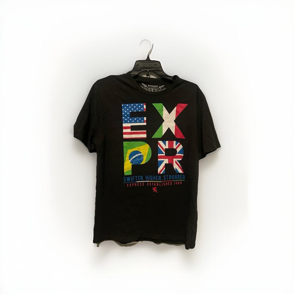 Express Country Flags Black Short Sleeve Cotton T-Shirt Men's Large‎